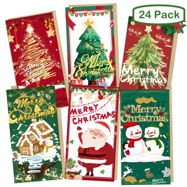 Christmas Money Cards with Kraft Envelopes - 24 Money Holder Christmas Cards with 24 Kraft Envelopes 24 Festive Holiday Stickers-6 Designs
