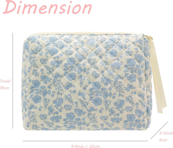 PAZIMIIK Cotton Makeup Bag for Women Large Quilted Travel Cosmetic Pouch Girls' Make up Organizer,Little Flower Blue