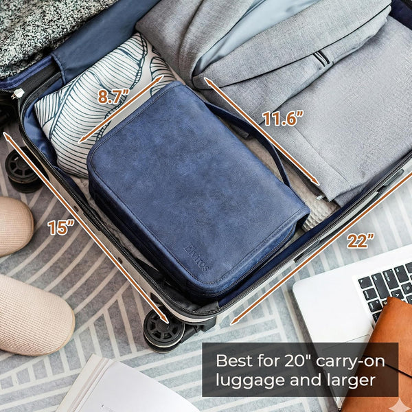 Elviros Hanging Toiletry Bag for Men PU Leather Shaving Dopp Kit (Blue) | 3-in-1 Waterproof Travel Organizer with Separate Compartments for