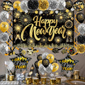 Happy New Year Backdrop with Shiny Firework Background Circle Paper Banner Pom poms Foil Balloons & Swirls for New Year Photo Booth Background