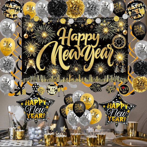 Happy New Year Backdrop with Shiny Firework Background Circle Paper Banner Pom poms Foil Balloons & Swirls for New Year Photo Booth Background