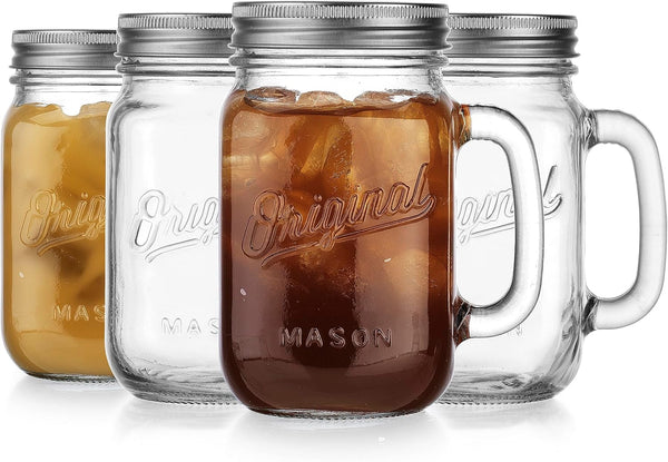 Glaver's Mason Jar 16 Oz. Glass Mugs with Handle and Lid Set Of 4 - Home Essentials & Beyond - Old Fashioned Drinking Glass Bottles Original Mason