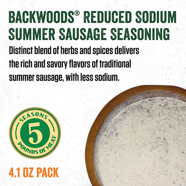 LEM Products Backwoods Reduced Sodium Summer Sausage Cured Sausage Seasoning, Ideal for Wild Game, Seasons Up to 5 Pounds of Meat, 4.1 Ounce