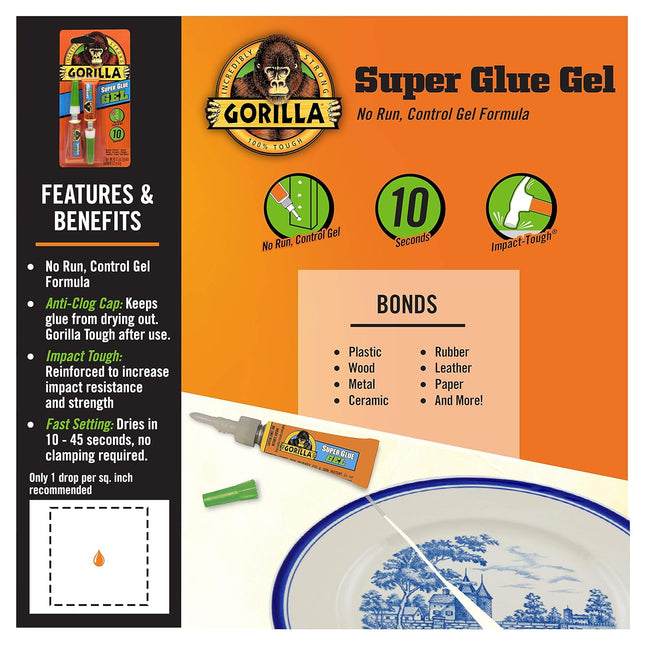 Gorilla Super Glue Gel, Clear Glue, Four 3 Gram Tubes (Pack of 1) - All Purpose 