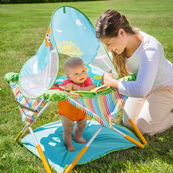 Bright Starts, Pop 'N Jump Portable Baby Activity Center, Indoor Outdoor Use, Lightweight, Carrying Bag, Canopy, 6-12 Months (Animals)