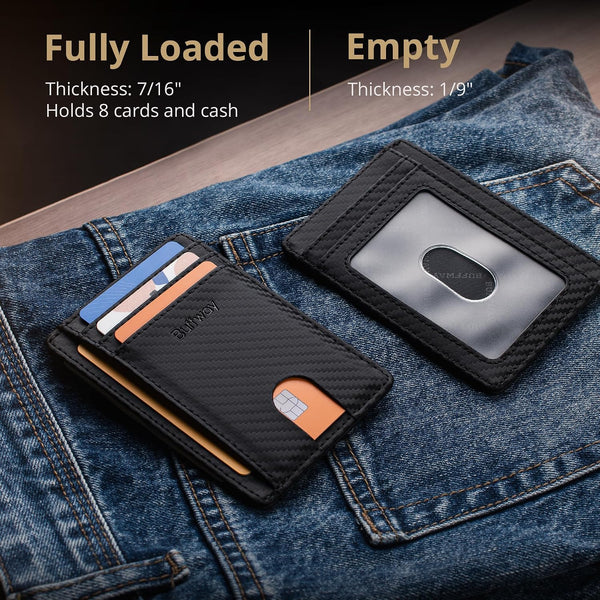Buffway Slim Minimalist Front Pocket RFID Blocking Leather Wallets for Men and Women - Carbon Fiber Black Small Carbon Fiber Black