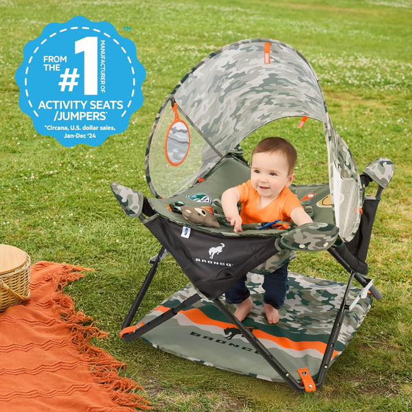 Bright Starts Ford Bronco Pop 'N Jump Portable Baby Jumper, Foldable Indoor/Outdoor Baby Jumper with Sensory Activities, Ages 6-12 Months