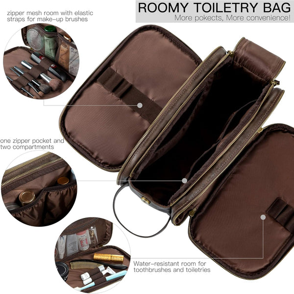Elviros Toiletry Bag for Men PU Leather Shaving Dopp Kit (Large, Chocolate) | Water-Resistant Travel Organizer for Bathroom Toiletries, Grooming