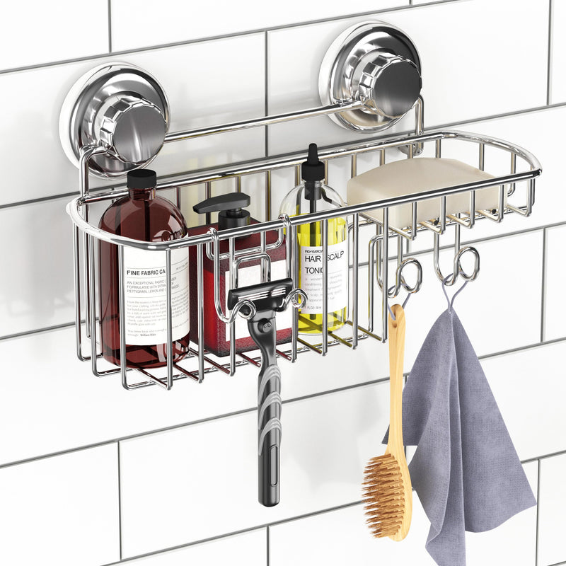 HASKO Suction Cup Shower Caddy Basket for Shampoo, Shower Suction Shelf Organizer, Basket with Soap Holder and Hooks, Stainless Steel Shampoo