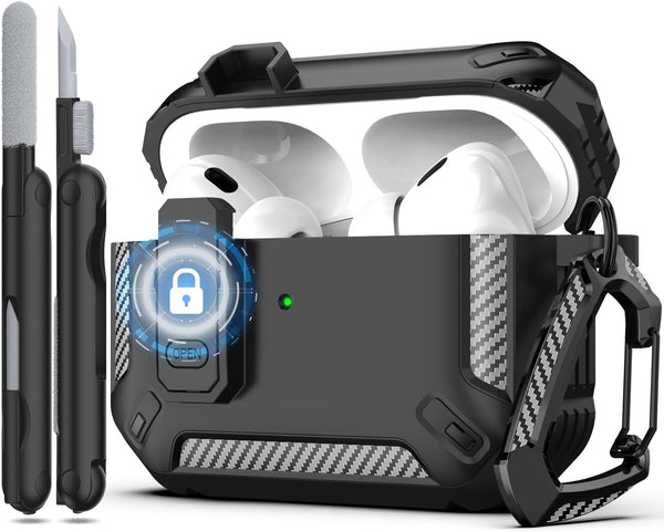 RFUNGUANGO for Airpods Pro 2Nd Gen Protective Case with Cleaning Kit, Military Hard Case with Lock for Airpod Gen 2 Charging Case 2023, 2022, Black