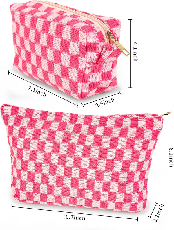 GUTGNK 2-Pack Makeup Bag For Women - Large Checkered Knitted Cosmetic Bags&Small Makeup Pouch Aesthetic Design Travel Toiletry Bag Skincare Bag