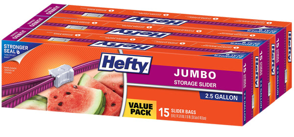 Hefty Slider Jumbo Storage Bags, 2.5 Gallon Size, 3 Boxes of 15 Bags (45 Total) 15 Count (Pack of 3)