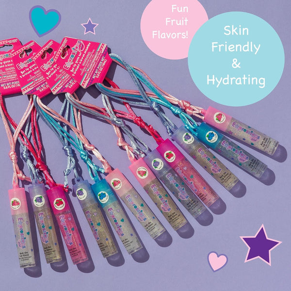 12pc Fruit Flavored Lip Gloss Necklace Set - Non-Toxic Wearable Lip Gloss | Fun Party Favors for Teen Girls & Kids. Lip Gloss Necklace Gift Set