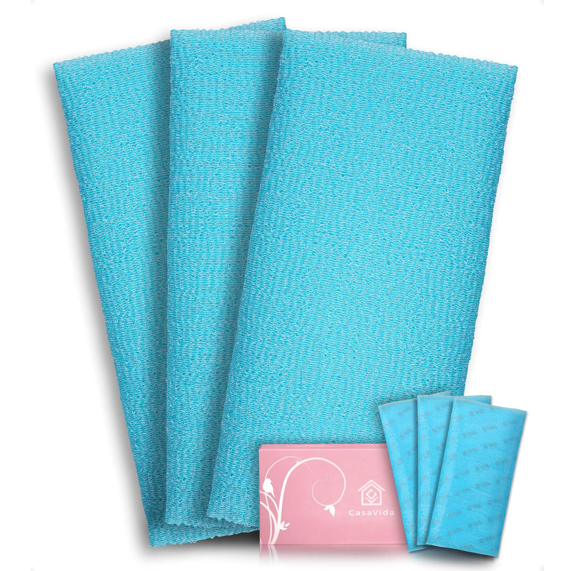 Exfoliating Washcloth Back Scrubber, Blue, 3 Pack | Japanese Beauty Washcloth, Back Scrubber for Daily Use, Textured Poly Nylon Body,