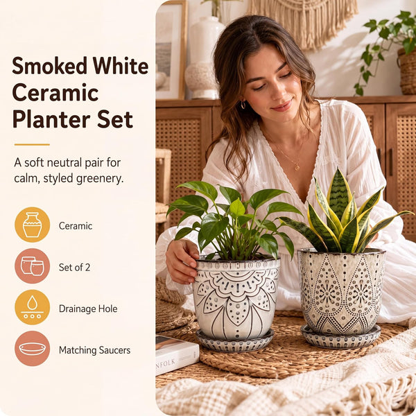 Gepege 6 Inch Beaded Ceramic Planter Set of 2 with Drainage Hole and Saucer for Plants, Indoor-Outdoor Large Round Succulent Orchid Flower Pot