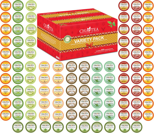 Cha4Tea 100-Count Variety Pack Tea, Compatible with Keurig Brewers, Includes Green, Black, Jasmine, Earl Grey, English Breakfast, Oolong,