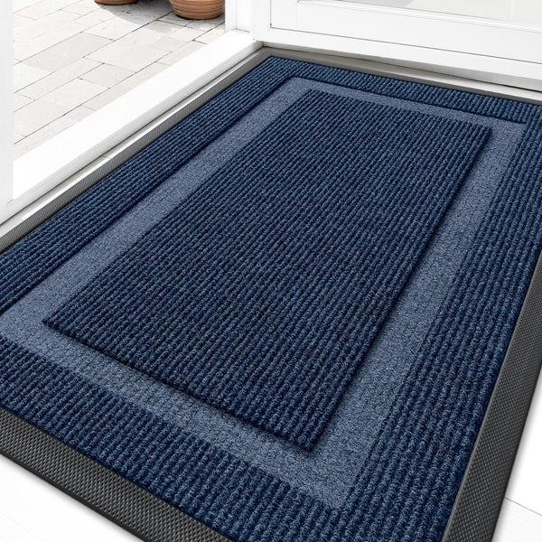 OLANLY Front Door Mat Outside 29.5x17, All-Season Heavy-Duty Rubber Doormat Blue Classic Border Rectangular 29.5" x 17"