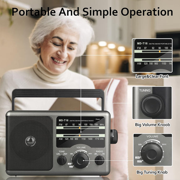 AM FM Portable Radio Battery Operated by 4X D Cell Batteries Or AC Power Transistor Radio with and Big Speaker, Standard Earphone Jack, High/Low
