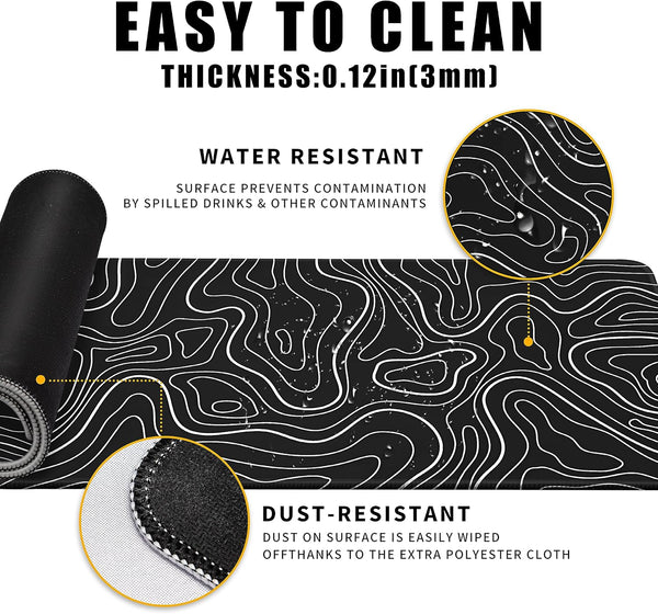 Topographic Contour Gaming Mouse Pad，Large XL Mouse Pad Big Mouse mat,Long Computer Keyboard with 3mm Non-Slip Base and Stitched Edge for Gaming