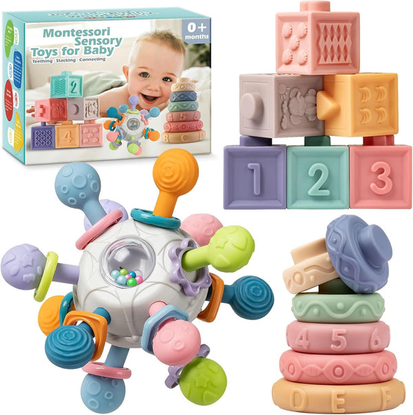 Jyusmile Baby Sensory Teething Toys Set, Montessori Baby Toys 6-12 Months, Incl Newborn Rattle Teether & Baby Blocks & Soft Stacking Rings, Ideal Baby Boy Girl Gifts, Infant Toys 0-3-6-9-12-18 Month