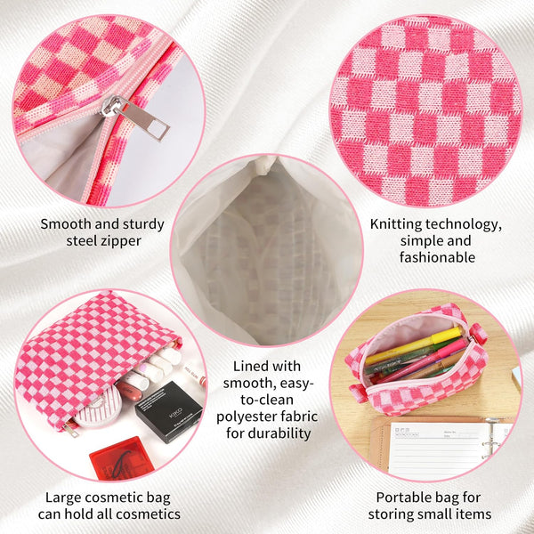 GUTGNK 2-Pack Makeup Bag For Women - Large Checkered Knitted Cosmetic Bags&Small Makeup Pouch Aesthetic Design Travel Toiletry Bag Skincare Bag