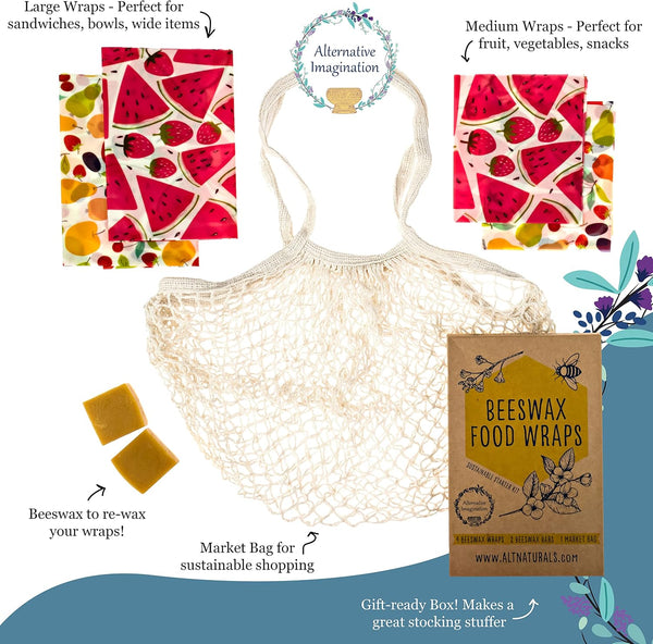7 Pc Beeswax Wraps for Food Snacks, Sandwich, Bread - Reusable Eco Friendly Kitchen Storage and Zero Waste - 4 Wraps, 2 Beeswax Bars and Cotton
