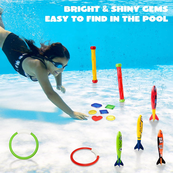 JOYIN 18Pcs Diving Pool Toys for Kids, Swimming Pool Toy with Storage Bag Includes 4 Pool Rings, 4 Diving Sticks, 4 Bandits, 6 Treasures