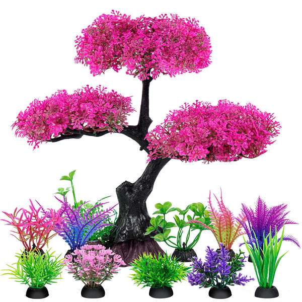 Ameliade Aquarium Artificial Plastic Plants Decoration, Pink Cherry Blossom Tree Aquarium Decor Set, Goldfish Betta Fish Tank Decorations Hides