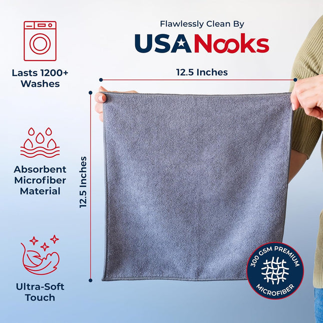 USANOOKS Microfiber Cleaning Cloth Grey - 12 Pcs (12.5"X12.5") - High Performanc
