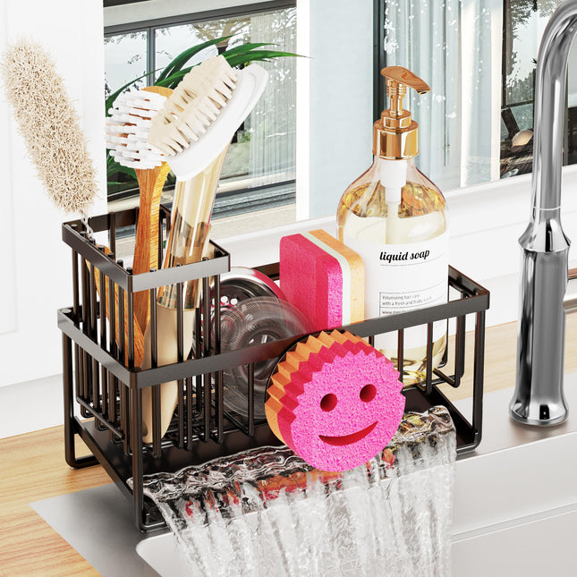 Sponge Holder for Kitchen Sink,Smiley Face Sink Caddy with Removable Brush Holder,Self-Draining Sponge Caddy for Sponge,