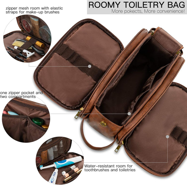 Elviros Toiletry Bag for Men PU Leather Dopp Kit (Large, Dark Brown) | Water-Resistant Travel Organizer for Bathroom Toiletries, Shaving Tools,