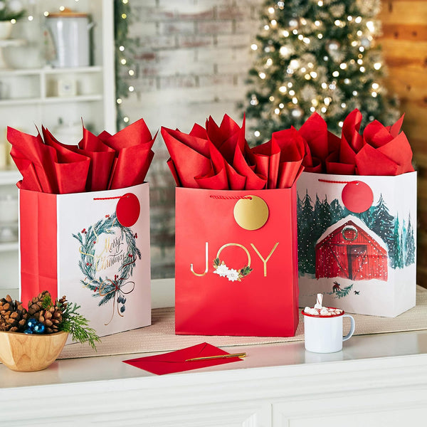 Hallmark 13" Large Christmas Gift Bag Assortment with Tissue Paper (3 Bags: "Merry Christmas" Wreath, Gold Joy, Snowy Red Barn) Red, White, Gold
