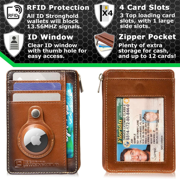 ID Stronghold RFID Blocking Front Pocket Wallet – Slim Minimalist Genuine Leather Wallet with Zipper Coin Pocket (Antiqued Brown)