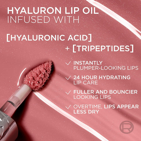 L'Oreal Paris Plump Ambition Hyaluron Lip Oil, 24 HR Lip Gloss with Hyaluronic Acid, Volumizing Formula with Glass-Like Shine, Worth It 601, 0.16