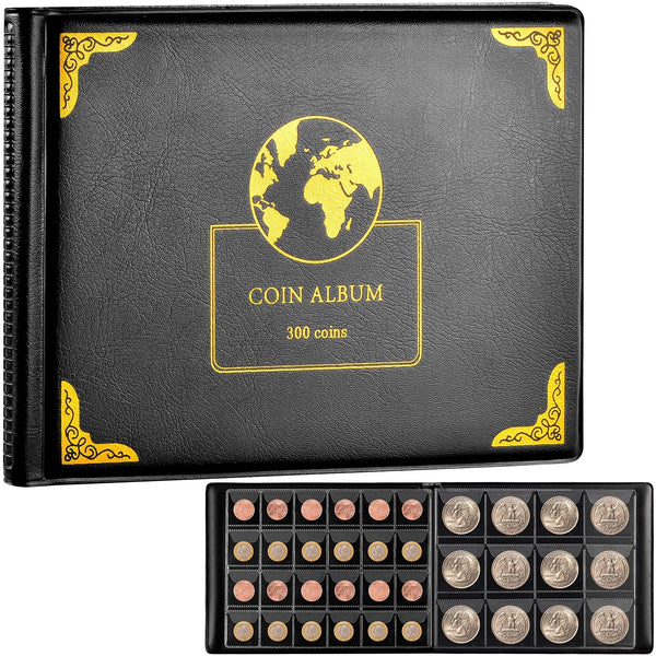 300-Pocket Coin Collection Album for Coins up to 38mm | PU Leather, 240 Small and 60 Large Pockets, Clear Anti-Drop Sleeves for Coin Collectors,