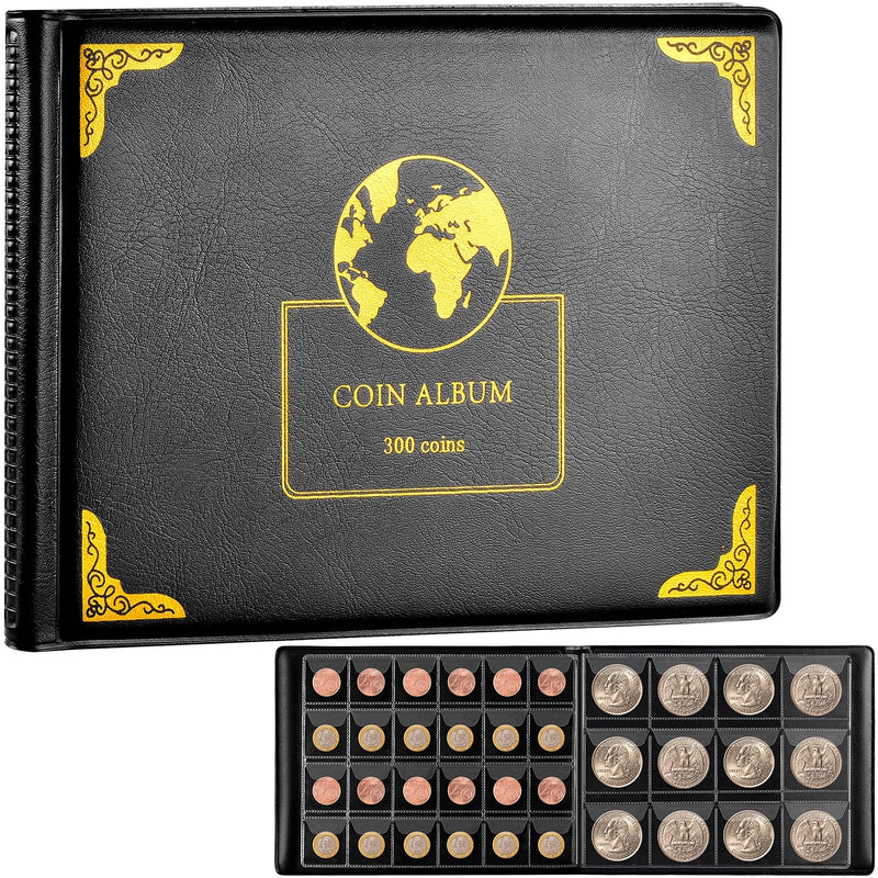 300-Pocket Coin Collection Album for Coins up to 38mm | PU Leather, 240 Small and 60 Large Pockets, Clear Anti-Drop Sleeves for Coin Collectors,