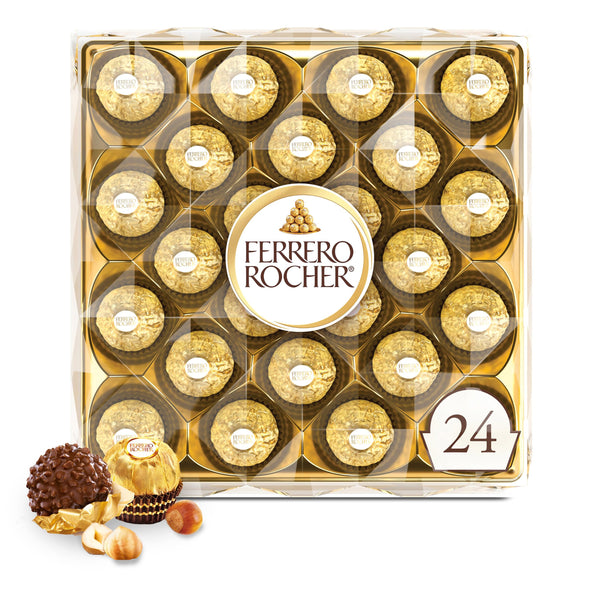 Ferrero Rocher Gourmet Hazelnut Milk Chocolate Gift Box, 24 Individually Wrapped Chocolates, 10.6 oz 24 Count (Pack of 1)