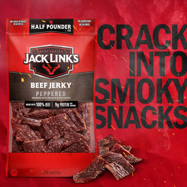 Jack Link'S Beef Jerky, Peppered, Half Pounder Large Jerky Bag - Flavorful Meat Snack, Ready to Eat Protein Snacks with 9G of Protein per Serving,