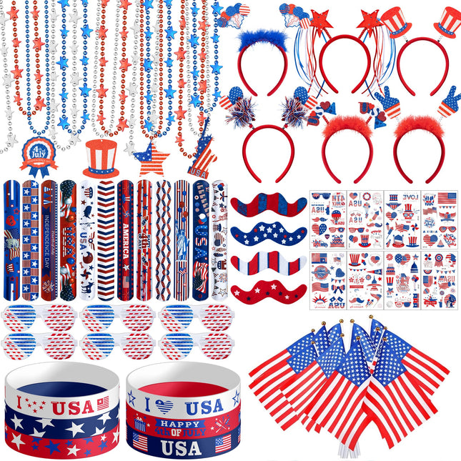 4Th of July Party Favors Set, Fourth of July Decorations 158 Pcs Accessories Includes Slap Bracelets, Necklaces, USA Fla