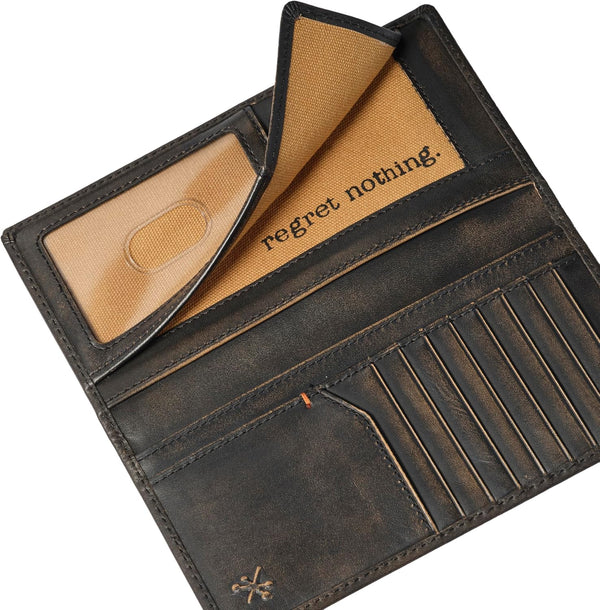 House of Jack Co. Skull Long Bifold Wallet for Men, Full Grain Cowhide Leather Biker Wallet, Rodeo Wallet, Black