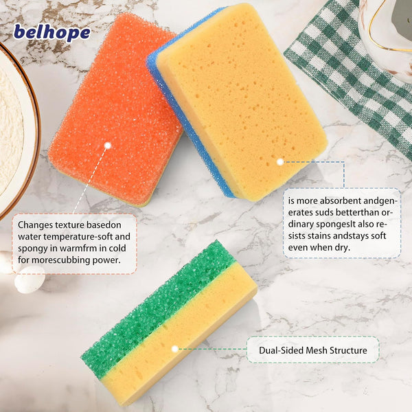 Belhope Scrub Sponges, Dual-Sided Temperature Controlled Scrubber - Scratch-Free Multipurpose Dish Sponges for Kitchen, Bathrooms, and Outdoor Use
