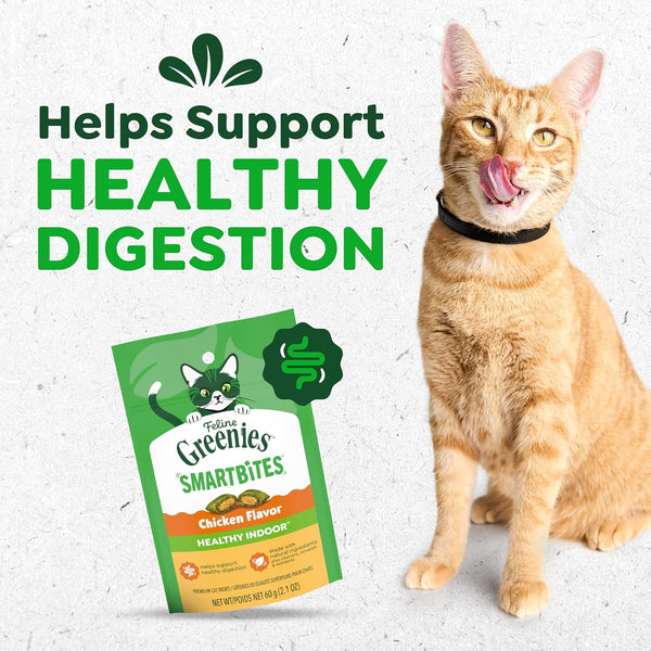Greenies Feline Smartbites Healthy Indoor Cat Treats, Chicken, 2.1 oz | Veterinarian-recommended, Fiberblend Formula, supports digestion, under 2