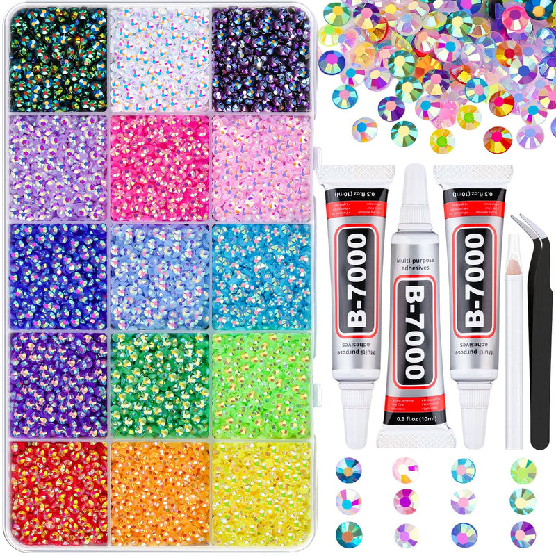 18000Pcs Resin Jelly Rhinestones for Bedazzling, Multicolor 3mm Flatback Rainbow Gems, Bedazzler Kit with 3Pcs 10ml B7000 Jewelry Glue for Crafts
