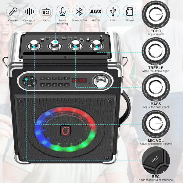 JYX Karaoke Machine with Two Wireless Microphones, Portable Bluetooth Speaker with Bass/Treble Adjustment, PA System with Remote Control, LED