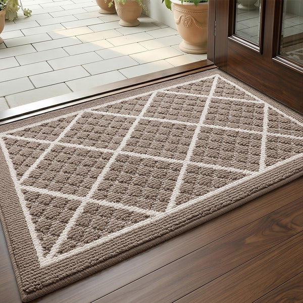DEXI Front Door Mat Indoor Entryway 17x30 Inside Entrance Doormat Beige | Non Slip Low Profile Thin Absorbent Washable Entry Mats for House Floor,