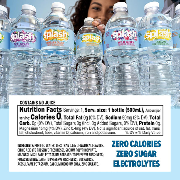 SPLASH REFRESHER Flavored Water Bottles, Mandarin Orange Flavor - 6-Pack, 16.9 Fl Oz - Refreshing Flavored Bottled Water with Electrolytes - Zero