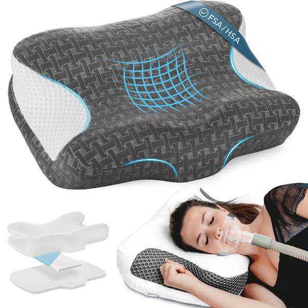 Elviros CPAP Pillow HSA/FSA for Side Back and Stomach Sleepers | Adjustable Firmness & 4 Heights, Ergonomic Memory Foam Cervical Neck Pillow for