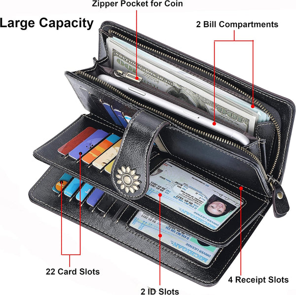 Lavemi Womens Large Capacity Genuine Leather RFID Blocking Wallets Wristlet Clutch Card Holder 1-waxed Black
