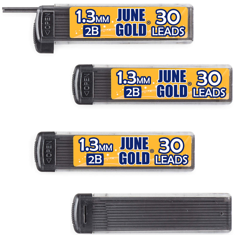 June Gold 1.3 mm, 120 Lead Refills, 2B, 4 Dispensers/w 30 Pieces Each | Medium Bold Thickness, Break Resistant Graphite, Elegant Dispensing