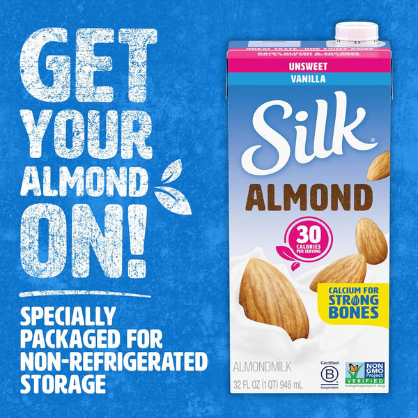 Silk Shelf-Stable Almond Milk, Unsweetened Vanilla, Dairy-Free, Vegan, Non-GMO Project Verified, 1 Quart (Pack of 6) Unsweetened 32 Fl Oz (Pack of 6)